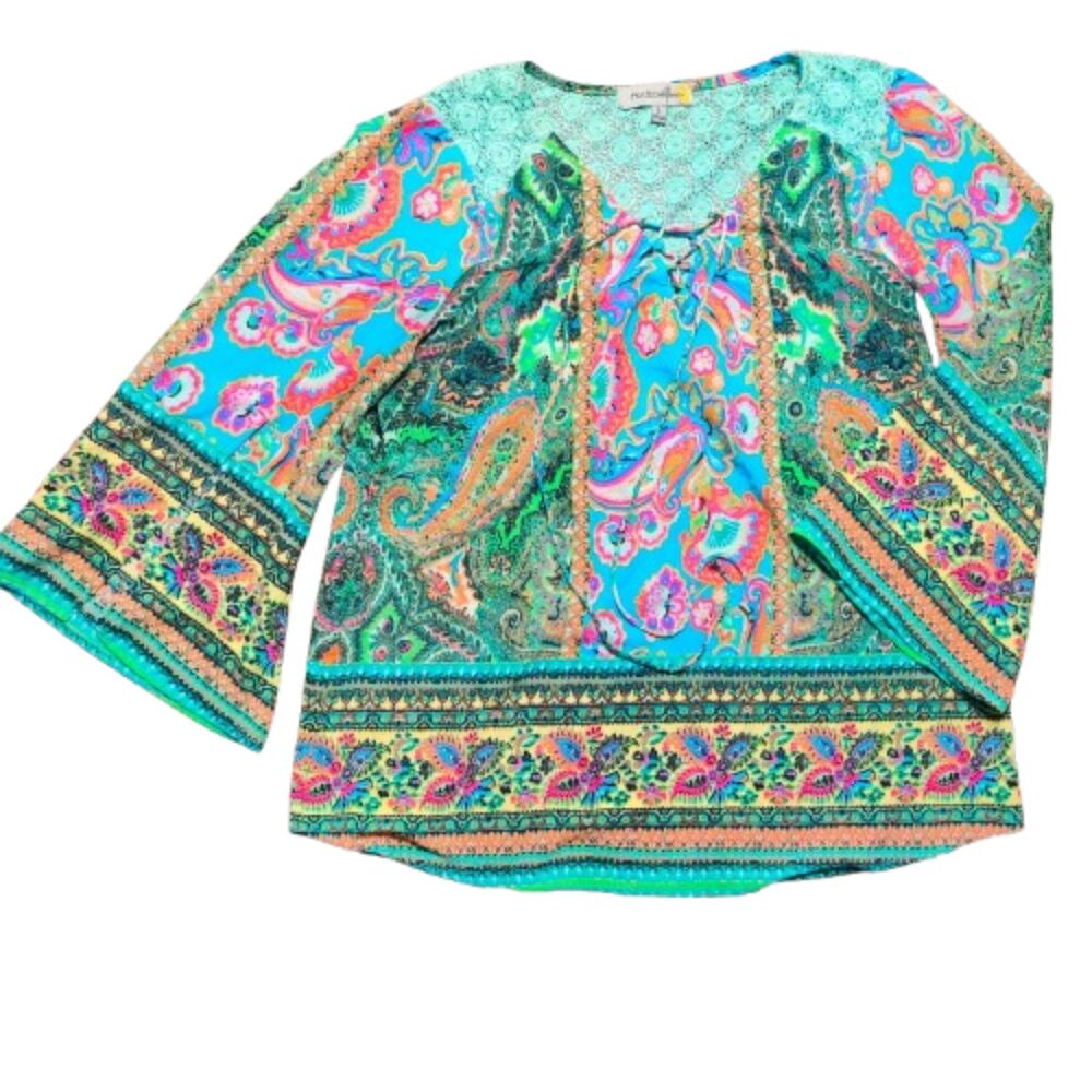 Figueroa & Flower Womens Boho Paisley Crochet Bell Sleeve Blouse Size L